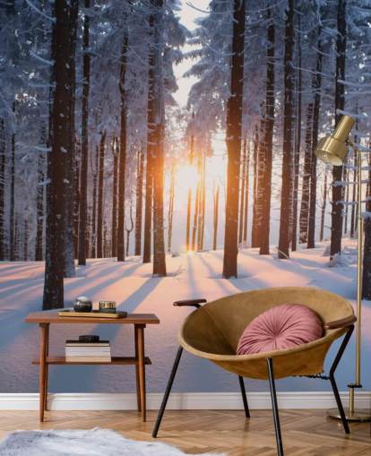 white and brown woodland wallpaper mural called Sunset in the Woods for living rooms, offices and businesses