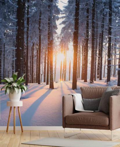 white and brown woodland wallpaper mural called Sunset in the Woods for living rooms, offices and businesses