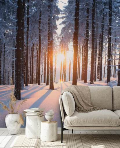 white and brown woodland wallpaper mural called Sunset in the Woods for living rooms, offices and businesses