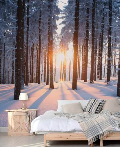 witte en bruine bosbehangmuurschildering genaamd Sunset in the Woods voor woonkamers, kantoren en bedrijven