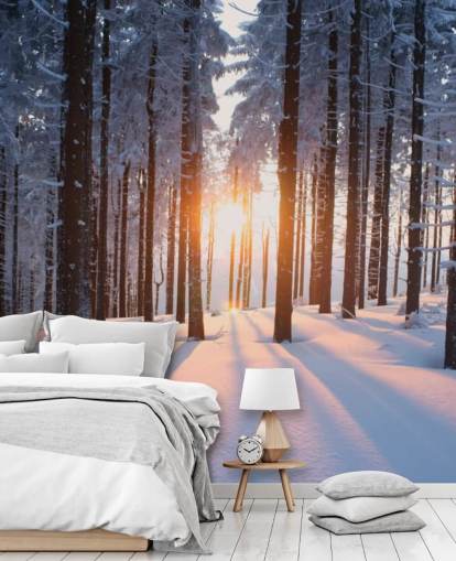 white and brown woodland wallpaper mural called Sunset in the Woods for living rooms, offices and businesses