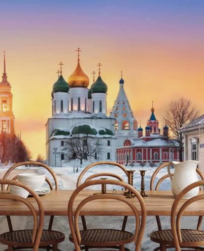 Russian Golden Roofed Church in Snowy Town at Sunset Wallpaper