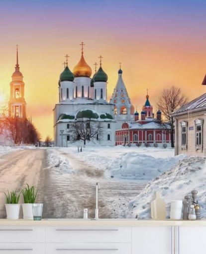 Russian Golden Roofed Church in Snowy Town at Sunset Wallpaper Russian Golden Roofed Church in Snowy Town at Sunset Wallpaper