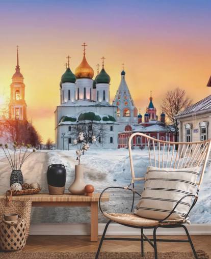 Russisk Golden Taged Church i Snowy Town ved Sunset Wallpaper