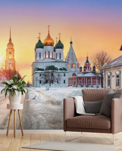 Russian Golden Roofed Church in Snowy Town at Sunset Wallpaper Russian Golden Roofed Church in Snowy Town at Sunset Wallpaper