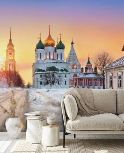 Russisk Golden Taged Church i Snowy Town ved Sunset Wallpaper Russisk Golden Taged Church i Snowy Town ved Sunset Wallpaper