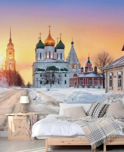 Igreja russa com telhados dourados na cidade nevada no papel de parede do pôr do sol