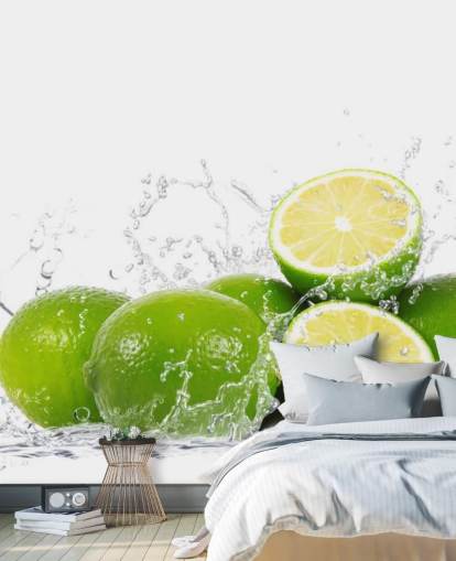 Grüne Limetten und Spritzwasser Fototapete