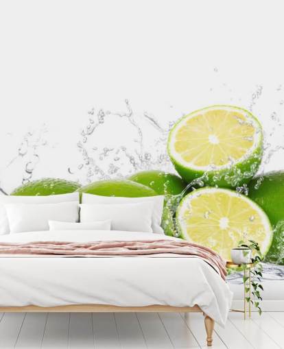Decorazione murale con lime verdi e spruzzi d'acqua