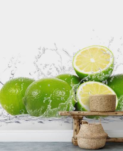 Papier Peint Fresque Citrons Verts et Éclaboussures