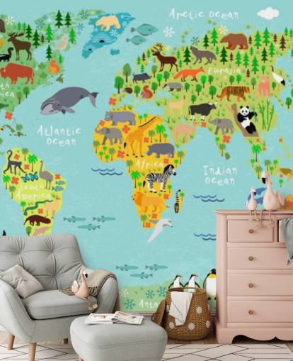 dieren wereld kaart behang