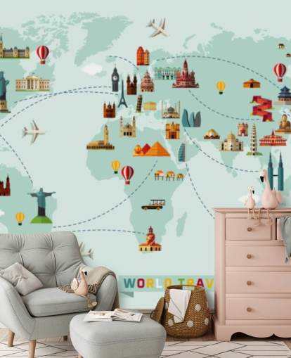 colourful kids travel map wallpaper