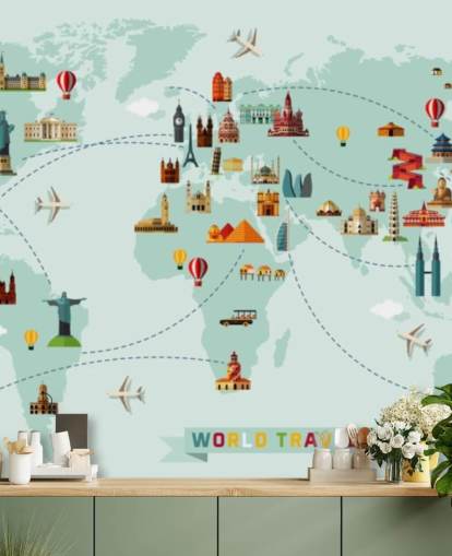 papel pintado colorido mapa de viaje para niños