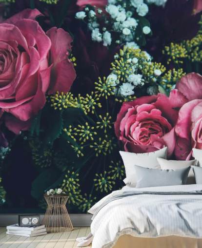 Mörk blommig rosa Rose Bukett Bakgrund Väggmålning