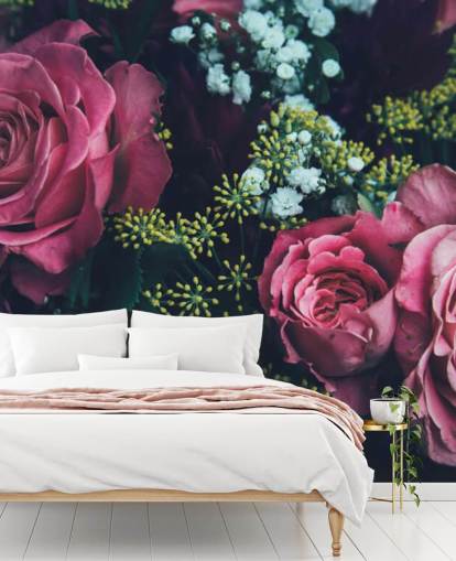 Mural de papel de parede floral escuro rosa buquê