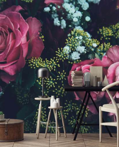 Dark Floral Pink Rose Bouquet Wallpaper Mural