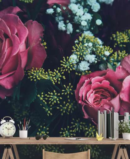 Mural de papel de parede floral escuro rosa buquê