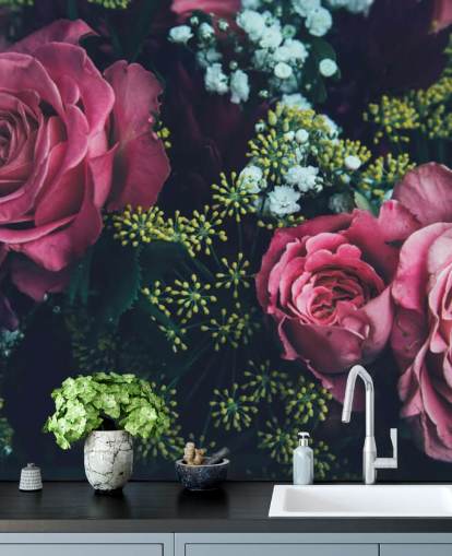 Dark Floral Pink Rose Bouquet Wallpaper Mural