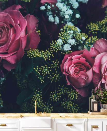Dark Floral Pink Rose Bouquet Wallpaper Mural