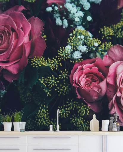 Carta da parati murale con bouquet di rose rosa scuro