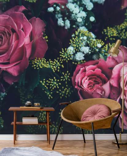 Dark Floral Pink Rose Bouquet Wallpaper Mural