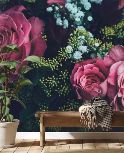 Mørk Floral Pink Rose Bouquet Baggrund Mural Mørk Floral Pink Rose Bouquet Baggrund Mural