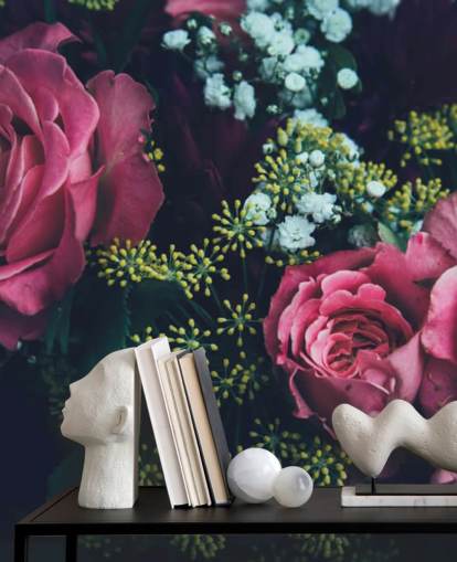 Dark Floral Pink Rose Bouquet Wallpaper Mural
