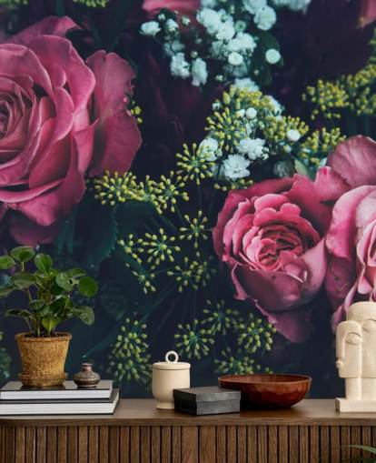 Mörk blommig rosa Rose Bukett Bakgrund Väggmålning