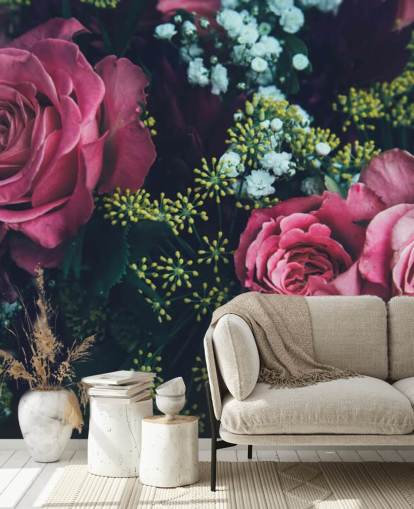 Dark Floral Pink Rose Bouquet Wallpaper Mural