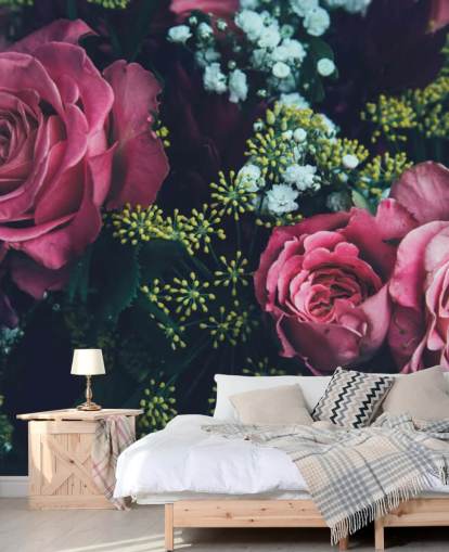 Mural de papel de parede floral escuro rosa buquê