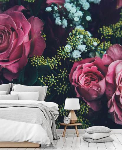 Dark Floral Pink Rose Bouquet Wallpaper Mural