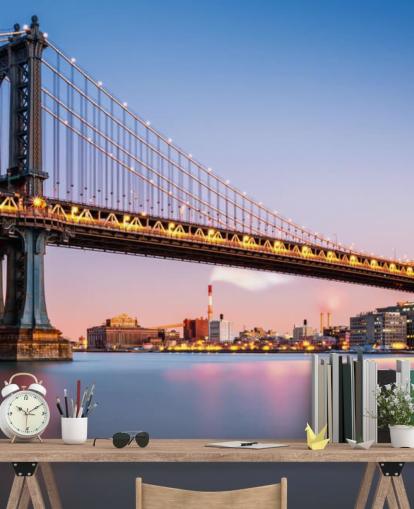 Manhattan Bridge oplyst i skumringen vægmaleri Manhattan Bridge oplyst i skumringen vægmaleri