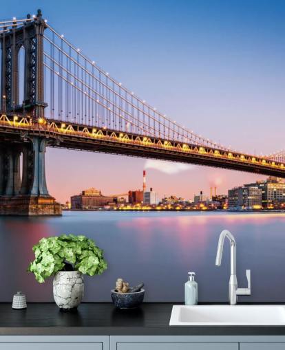 Manhattan Bridge Illuminated at Dusk Wall Mural