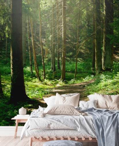 mural de papel pintado de bosque verde llamado Forest Wall Mural para oficinas domésticas, dormitorios y negocios