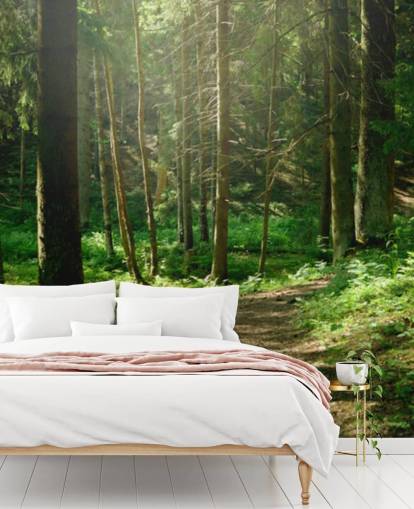 mural de papel pintado de bosque verde llamado Forest Wall Mural para oficinas domésticas, dormitorios y negocios