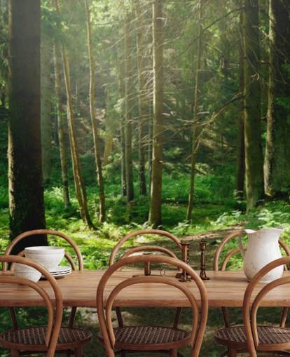 mural de papel pintado de bosque verde llamado Forest Wall Mural para oficinas domésticas, dormitorios y negocios