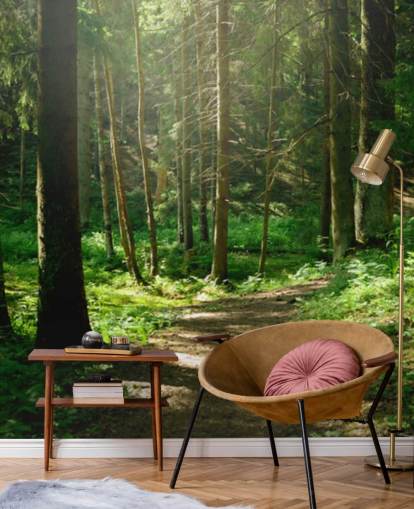 mural de papel pintado de bosque verde llamado Forest Wall Mural para oficinas domésticas, dormitorios y negocios