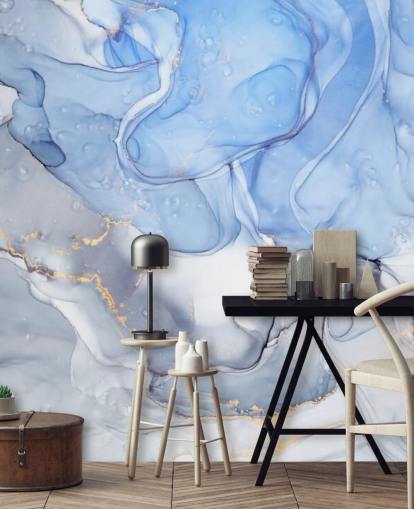 Blauw en paars met gouden aquarelmuurschildering