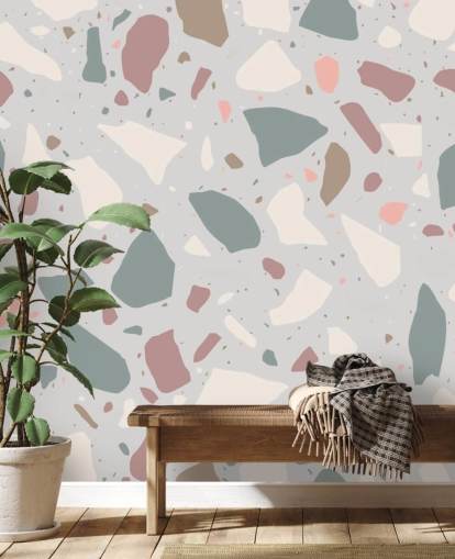 Blomme, Blå Og Hvid Terrazzo Vægmaleri