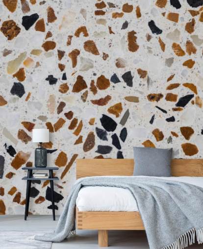 Terrazzo with Brown and Black Chippings on White Background Wallpaper