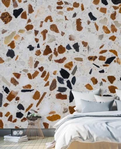 Papier Peint Terrazzo avec des gravillons bruns et noirs sur fond blanc
