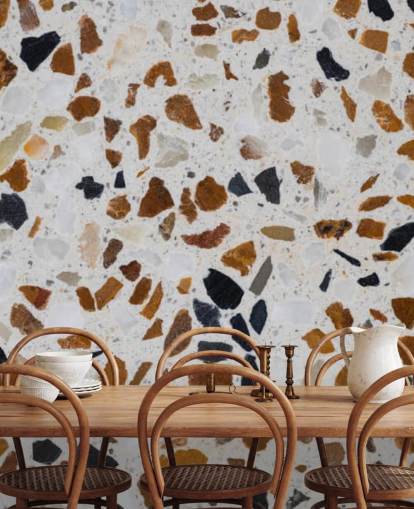 Terrazzo with Brown and Black Chippings on White Background Wallpaper Terrazzo with Brown and Black Chippings on White Background Wallpaper