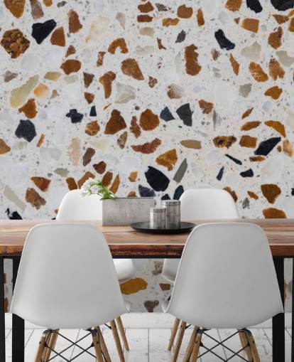 Terrazzo with Brown and Black Chippings on White Background Wallpaper