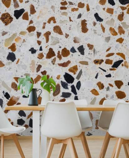 Terrazzo with Brown and Black Chippings on White Background Wallpaper