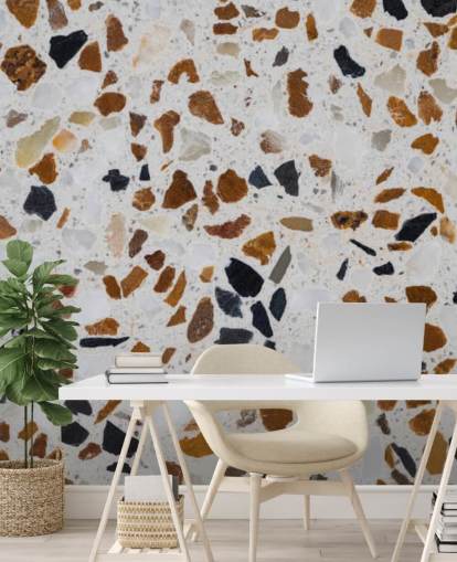 Terrazzo with Brown and Black Chippings on White Background Wallpaper
