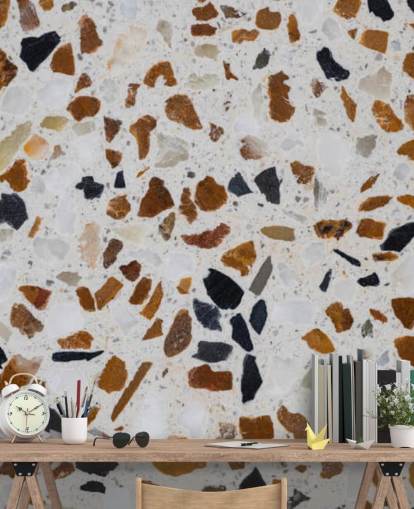 Terrazzo com lascas marrons e pretas no papel de parede de fundo branco Terrazzo com lascas marrons e pretas no papel de parede de fundo branco