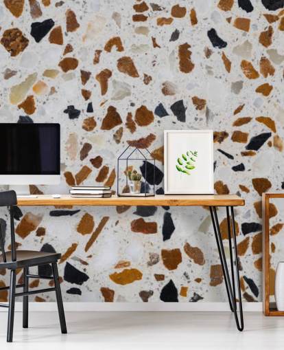 Terrazzo with Brown and Black Chippings on White Background Wallpaper