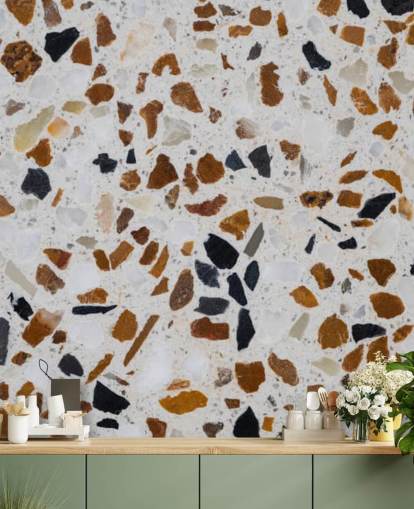 Terrazzo with Brown and Black Chippings on White Background Wallpaper