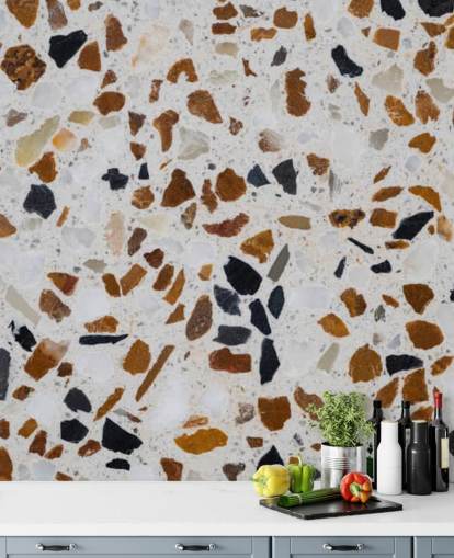 Terrazzo with Brown and Black Chippings on White Background Wallpaper