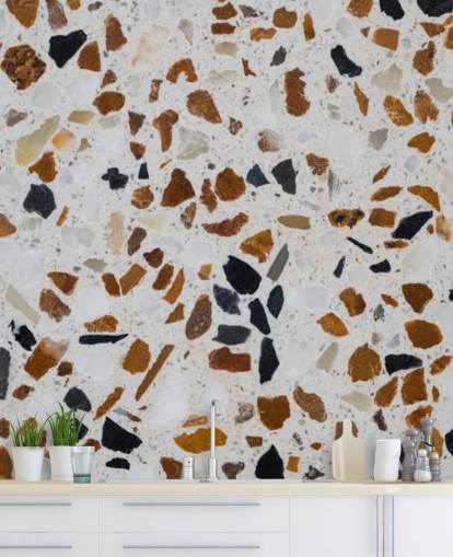 Terrazzo with Brown and Black Chippings on White Background Wallpaper